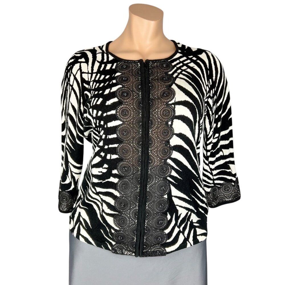 Berek Womens Plus Black White Zebra Print Knit Cardigan Jacket Full Zip size 1XL